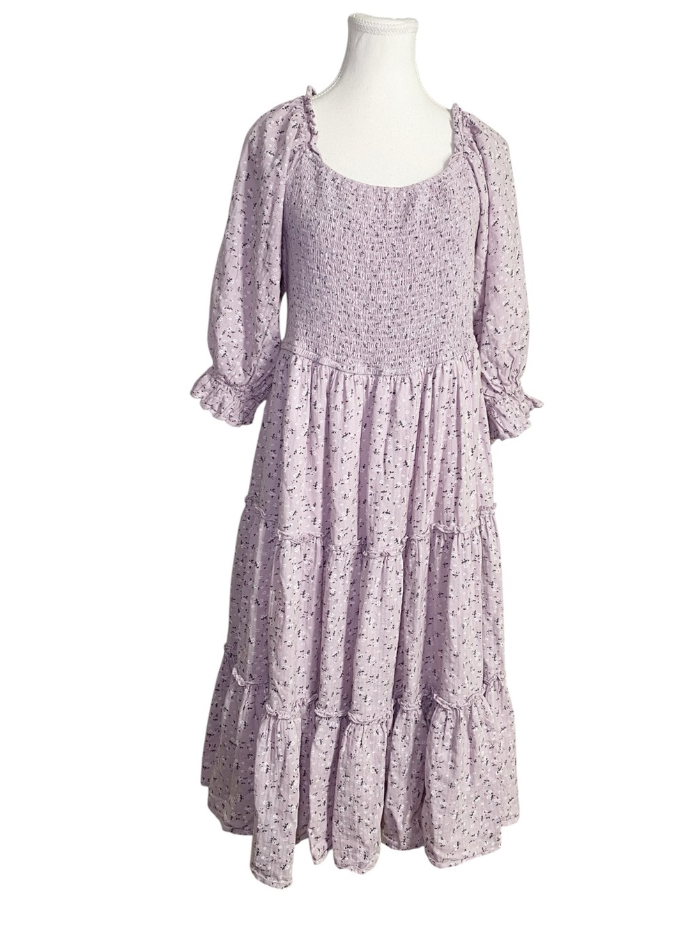 IVY CITY CO. Lilac Purple Floral Smocked Tiered Cotton Midi Dress XXL